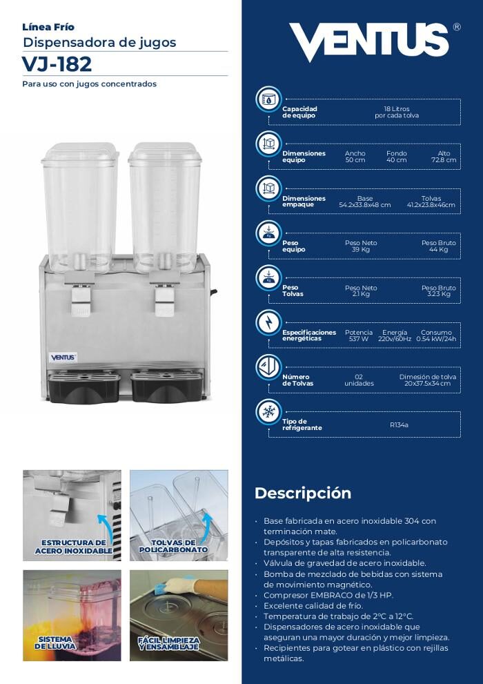 Ficha técnica de la dispensadora de jugos VJ-182 Ventus