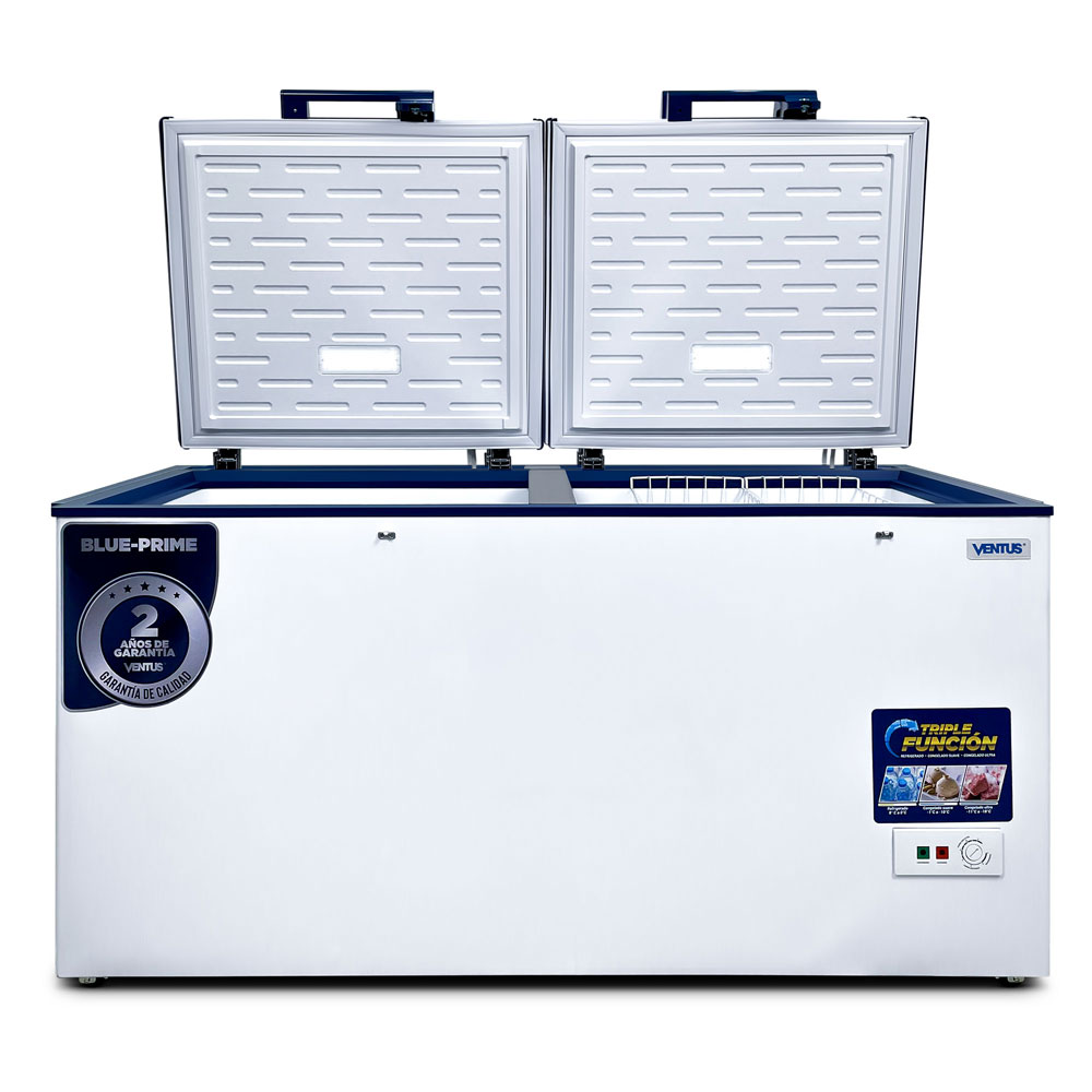 Interior iluminado de la congeladora horizontal Ventus CTD-520 PRIME con las dos tapas abiertas