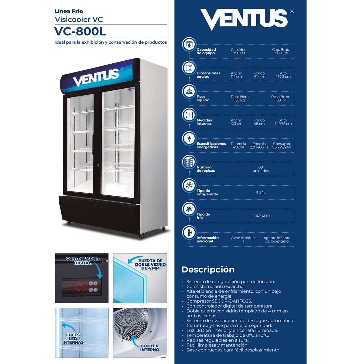 Exhibidor refrigerado con temperatura de 0 a 10 °C