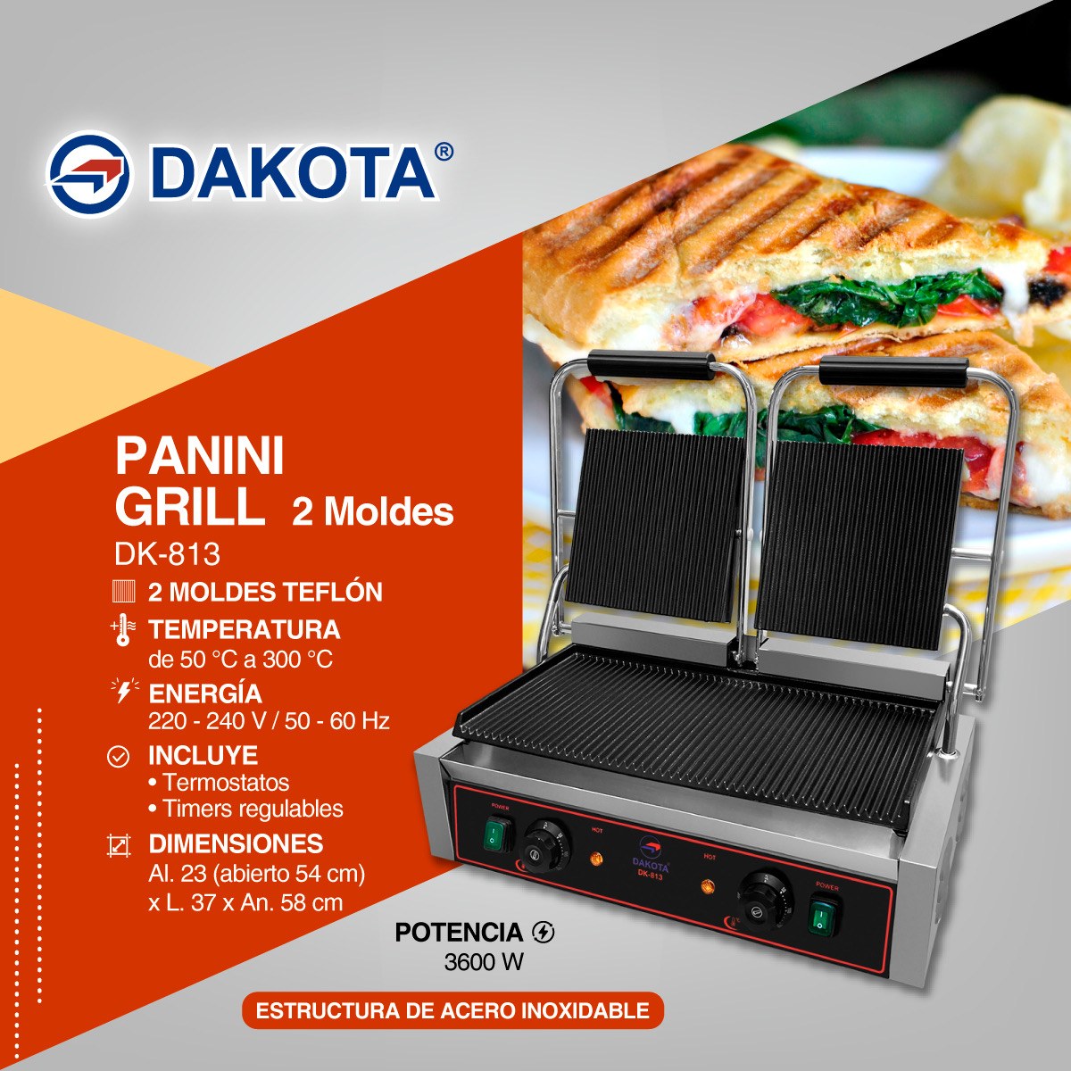 Ficha técnica del panini grill doble Dakota DK-813 de 3600 W