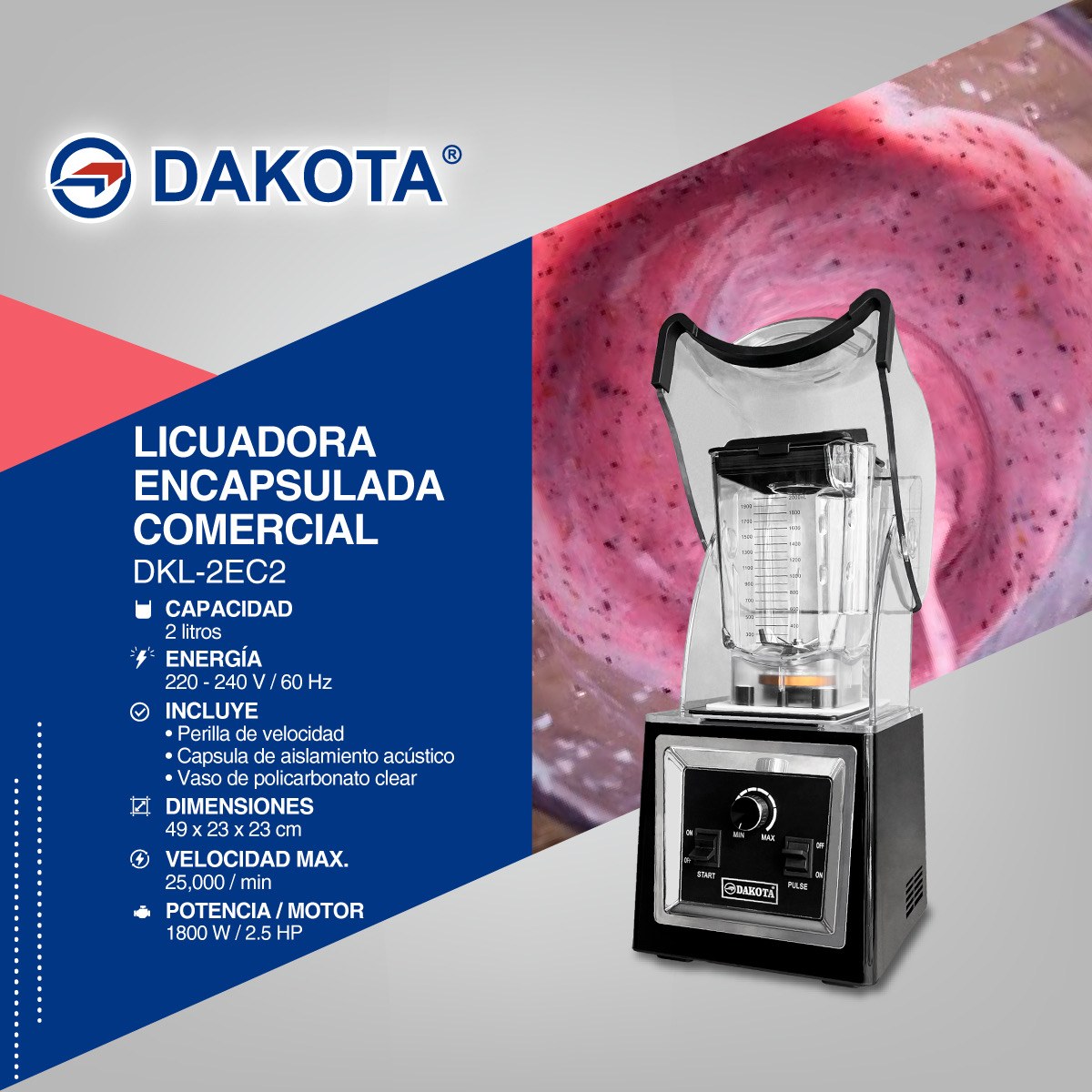 Flyer de la licuadora Dakota DKL-2EC2 con sus datos técnicos