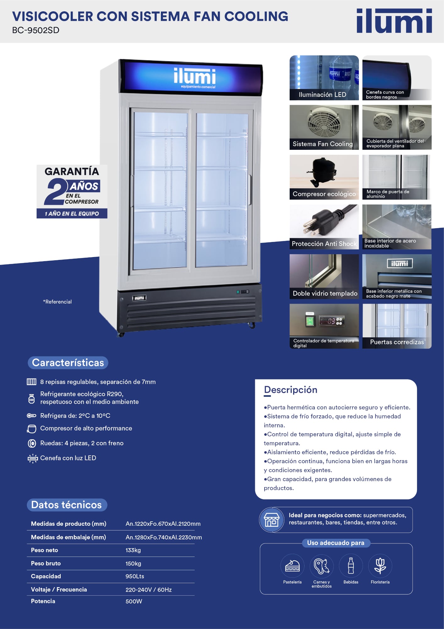 Ficha tecnica del Visicooler Ilumi BC-9502SD con medidas, capacidad y potencia