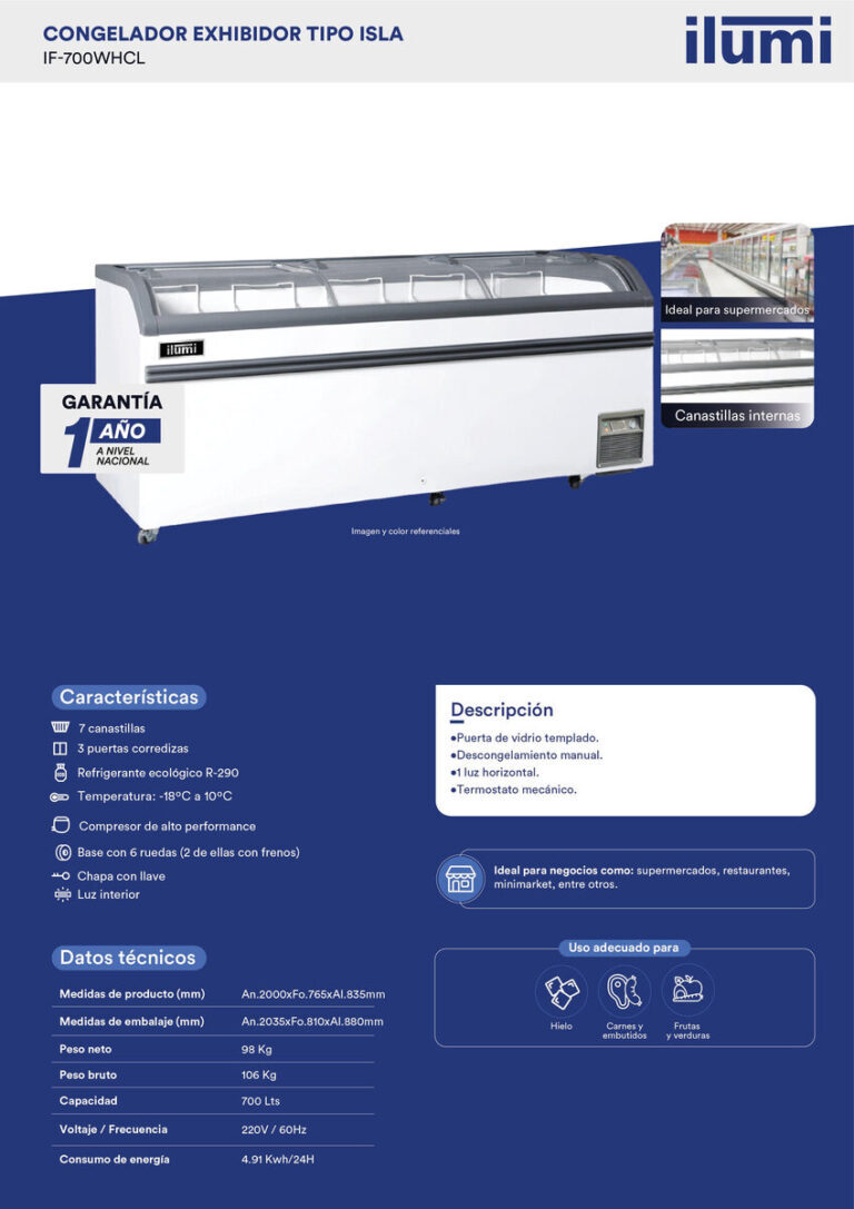 Congelador tipo isla Ilumi IF-700WHCL de 700 litros