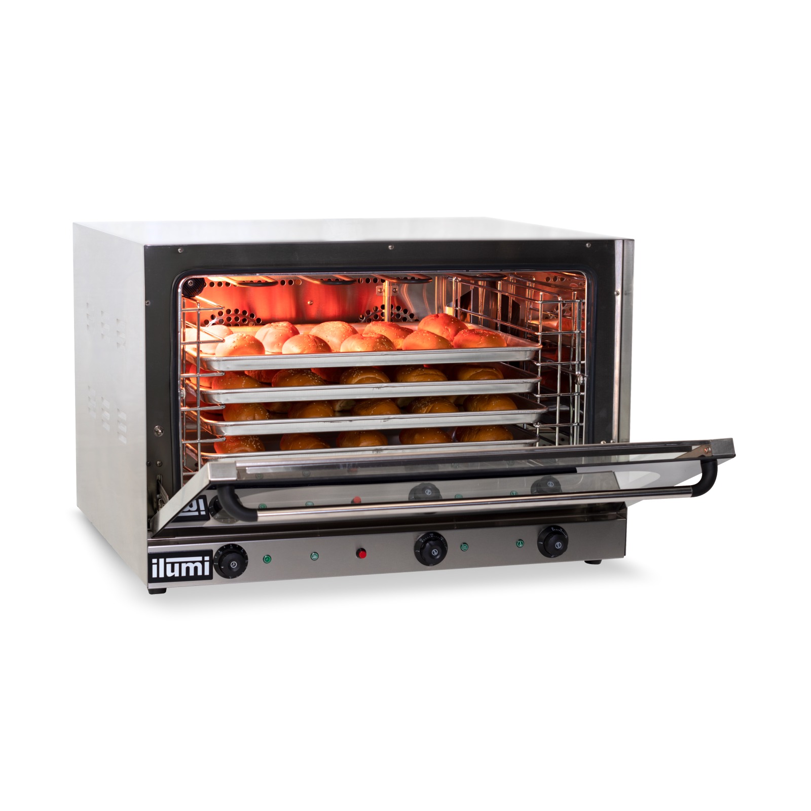 Horno eléctrico de convección Ilumi HCM-400 abierto y cargado de panes