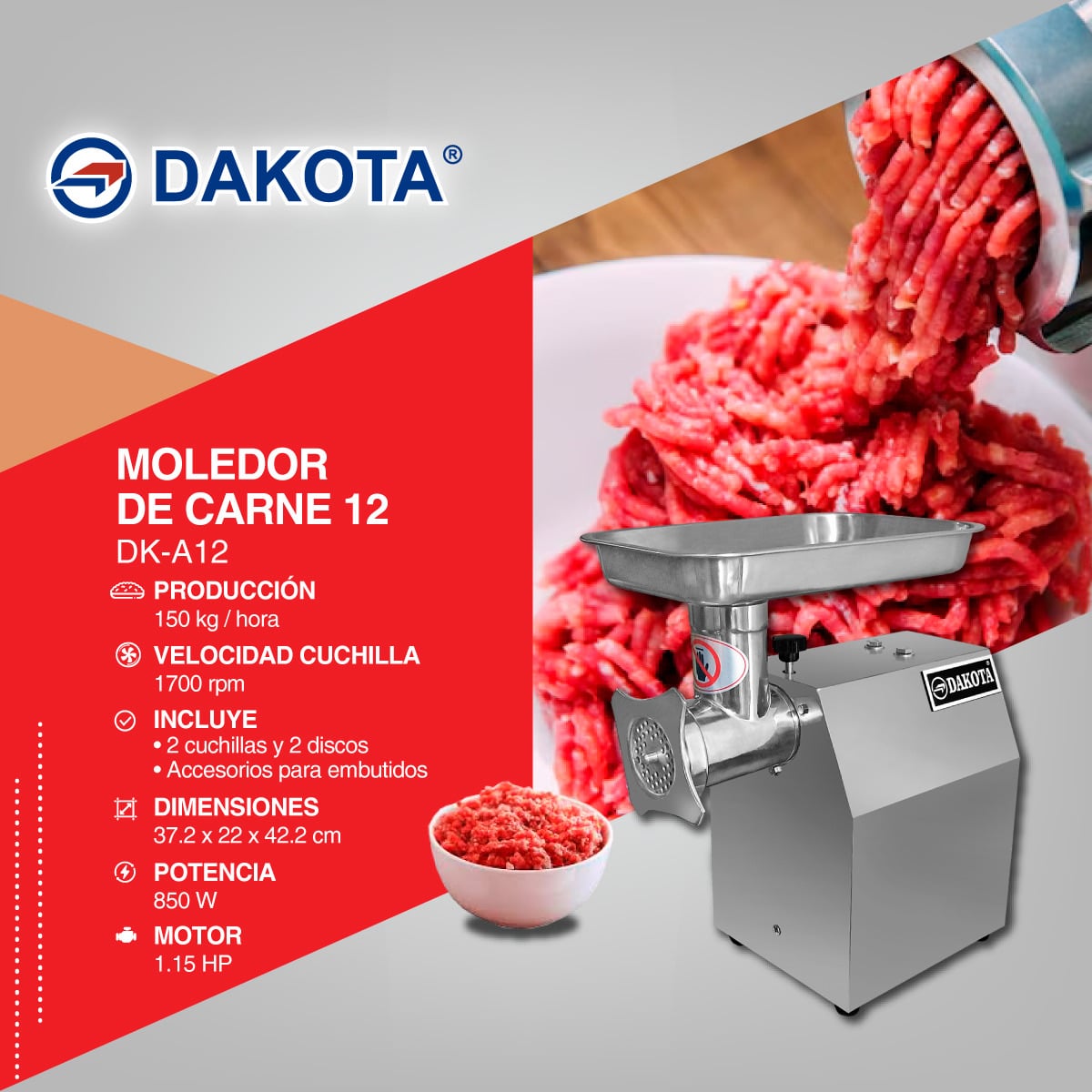 Moledora de Carne Dakota DK-A12 ficha o flyer tecnico